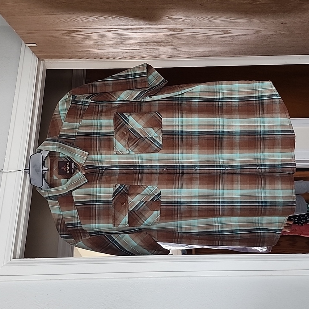 Prana snap button green and brown short sleeve shirt.  It says it is an XL